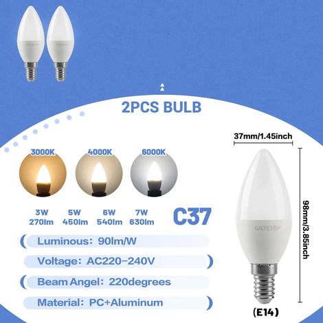 (2 ampoules, lumière blanche froide 6000K) Mini ampoules LED E14 C37, adaptées à l'éclairage des chambres, cuisines, hôtels et halls d'entrée. (1/5)