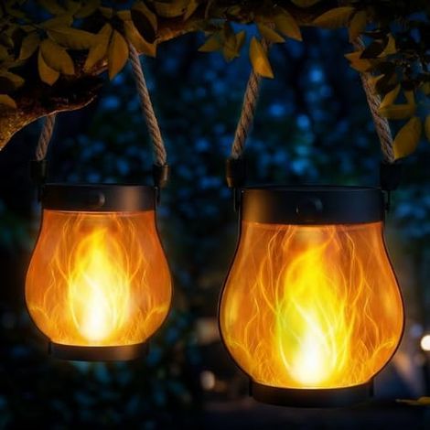 Solarlampen für Außen Hängend, 2 Stück Solar Laternen für Draußen mit Realistische Flammeneffekte, IP65 Wasserdicht Solarleuchten Gartendeko mit Hanfseil für Außen Hof Balkon Terrasse Halloween (1/5)