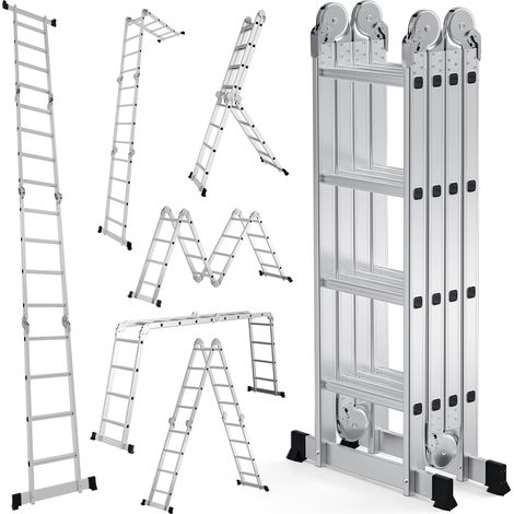Jiubiaz Escalera multiposición 7 en 1 de aluminio, 4x4 peldaños, aprox. 470 cm / 4,7 m, plegable, antideslizante, carga máxima 150 kg (1/5)