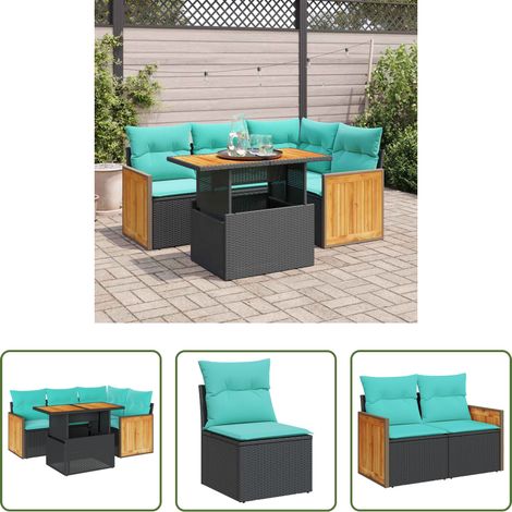 Gartentisch - 5tlg. Garten-Sofagarnitur mit Kissen Schwarz Poly Rattan Akazie (1/5)