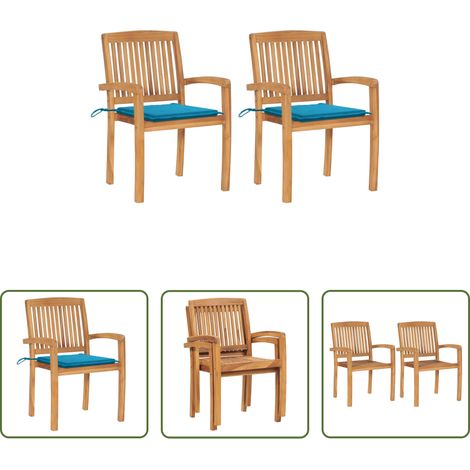 Holzstühle - Gartenstühle 2 Stk. mit Blauen Kissen Massivholz Teak (1/5)