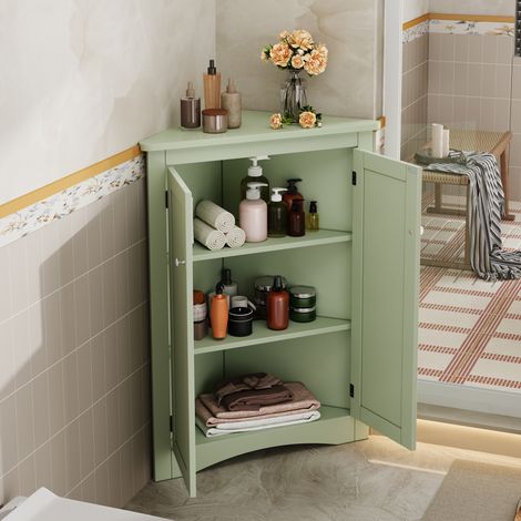 Armario esquinero 61.5x61.5x80 cm verde de MDF lacado con 2 puertas y 3 niveles de almacenaje (1/5)