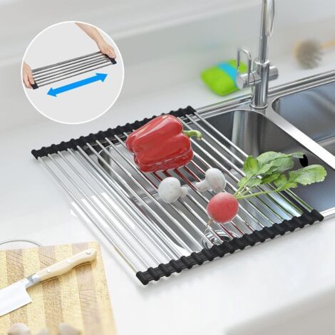 QORVA-Séchoir à Vaisselle Enroulable, Égouttoir à Vaisselle Enroulable Égouttoir Grille Séchage, Séchoir à Vaisselle Roll-Up en Acier Inoxydable Pliable Évier Égouttoirs de Cuisine, 43x35cm