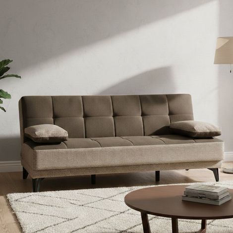 Dmora - Divano letto 3 posti Aborigeni, Divano in tessuto imbottito, Sofà da soggiorno con apertura click-clack, 190x87h97 cm, Grigio E Marrone (1/5)