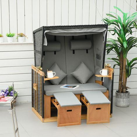 Sedia da spiaggia per 2 persone, completa di cuscini, poggiatesta e poggiapiedi, resistente alle intemperie, grigio chiaro. (1/5)