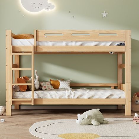 Lit Superposé 90x200 cm - Lit Cabane Enfant en Bois Massif - avec Échelle Barrières de Sécurité et Sommier à Lattes - Naturel (1/5)