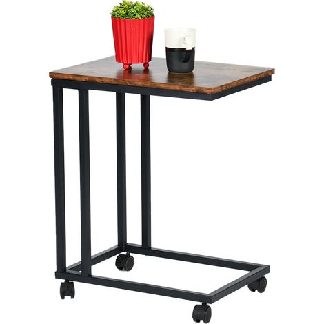 Table D'appoint en Forme de C, Design Industriel, Structure en Bois et Métal, Salon et Chambre, Portable et Peu Encombrante, roulettes pour Une Mobilité Facile 50 x 35 x 60cm (1/5)