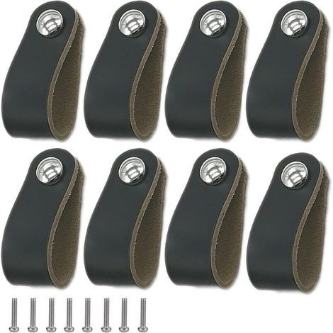 Set di 8 maniglie in pelle, maniglia per mobile in pelle nera, maniglia in pelle con viti, maniglia per porta in morbida pelle PU, facile da installare, adatta a tutti i tipi di ante e cassetti. (1/5)