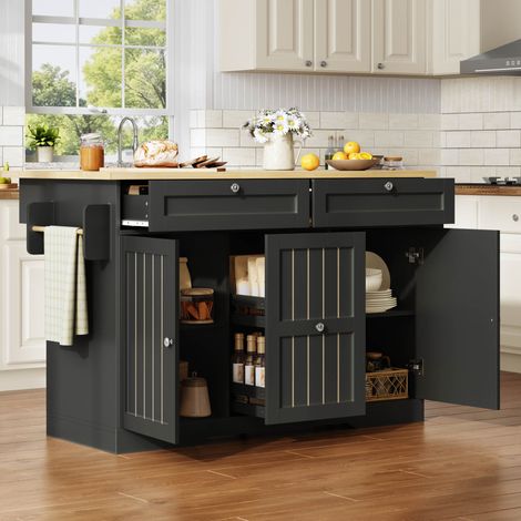 REDOM - Isola da cucina 120x45x92 cm, piano ribaltabile, 2 cassetti verticali, 2 grandi cassetti, MDF nero (1/5)
