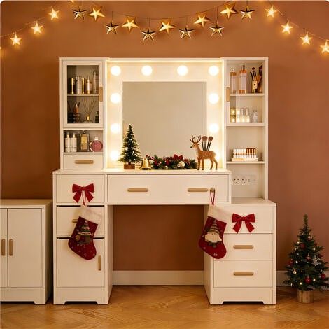 Coiffeuse avec miroir, éclairage LED 3 couleurs réglable, port USB, 10 tiroirs, blanc (1/5)