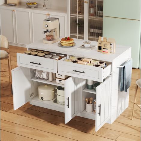 Isla de cocina 120/60/91 cm blanca con enchufes y USB, encimera efecto mármol y barra (1/5)