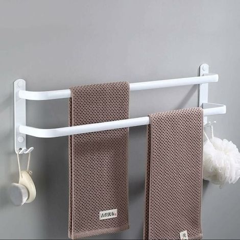Porte-serviettes mural aluminium 50 cm, étagère double couche sans perçage, barre suspendue pour salle de bain, WC, baignoire, espace gain de place (1/5)