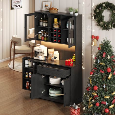 Küchenbuffet Hochschrank mit 5 Türen und 1 Schublade, LED und Steckdosen, Verstellbare Böden, MDF, 105x40x180 cm, Schwarz (1/5)