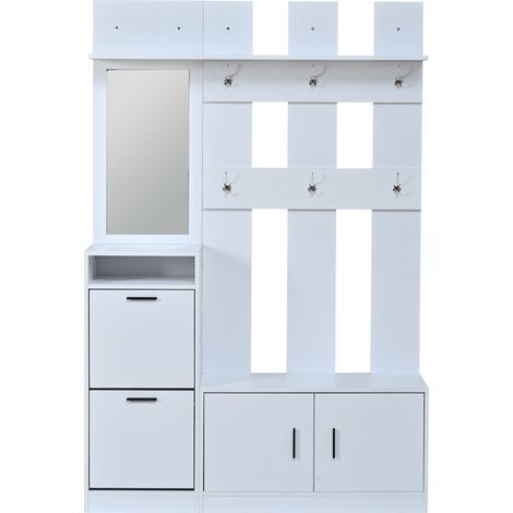 Porte-manteau mural blanc avec miroir, rangement chaussures rabattable et crochets, 120x30x180 cm (1/5)