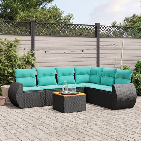 7-teiliges Gartensofa-Set mit Kissen, schwarzes Polyrattan (1/5)
