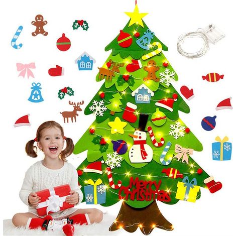 Sapin de Noël en feutre sapin mural monter soi-même avec 32 décorations et lumières LED idéal pour décorer les portes et fenêtres des maisons d'enfant (1/5)