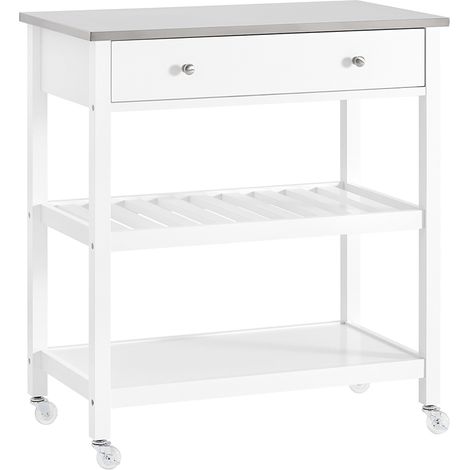 SoBuy Mesa de cocina con ruedas, isla central con placa de acero inoxidable, cajones y estantes abiertos, carrito de servicio y mueble de almacenamiento para cocina, salón, jardín, 81x90x45cm FKW47-II