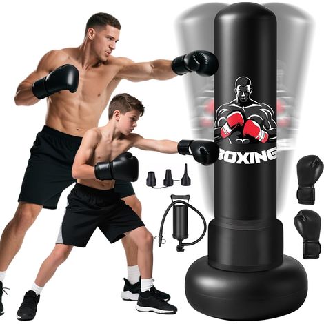 Adult Punching Bag, 180 cm Inflatable Punching Ball with Gloves Air Pump, Boxing Bag on Stand for MMA, Karate, Fitness, Boxing Equipment, Ideal Gift for Women and Men (1/5)