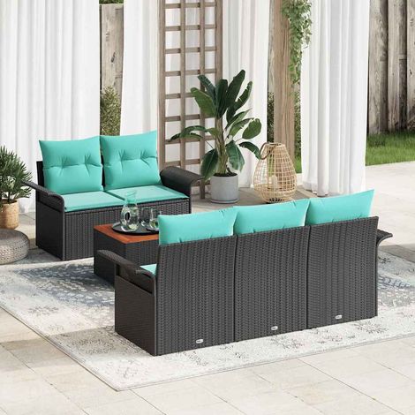 vidaXL Ensemble de canapé de jardin 6 pcs Noir et turquoise polyrotin (1/5)