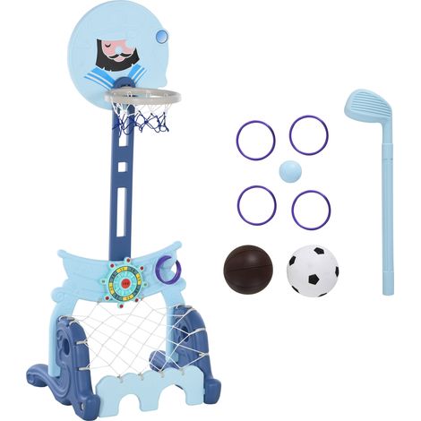 Panier de Basket 4 en 1 avec Golf et Football, Hauteur Réglable, Centre d'Activités Enfants +3 Ans, 58x56x154 cm Bleu