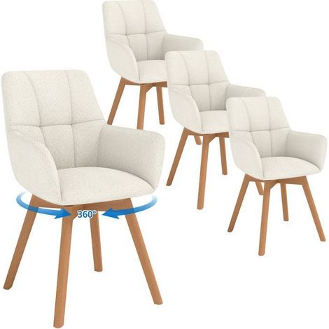 WAFTING Lot de 4 Chaises de Salle à Manger Pivotantes 360°, Accoudoirs et Pieds Bois, Dossier en Fausse Laine d’Agneau, Blanc (1/5)