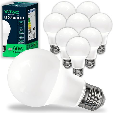 10x Ampoules LED culot E27 8,5W (équivalent 60W) A60-806 Lumen - Ouverture du Faisceau Lumineux 200° - Efficacité Maximale et Économie d'Énergie - 3000K Blanc Chaud (1/5)