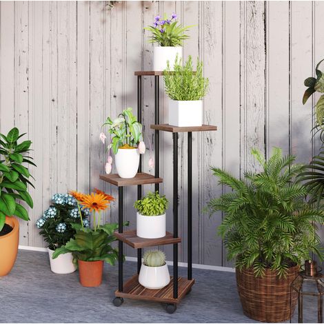 Estantería para plantas de 5 niveles con ruedas, 59 x 59 x 110 cm, acero y madera, negra (1/5)