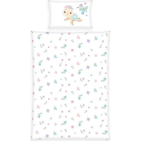 Parure de lit d'hiver Little Turtle, Taie d'oreiller 40 x 60 cm avec rabat hôtel, Housse de couette 100 x 135cm, Avec fermeture éclair, 100% coton/flanelle (1/5)
