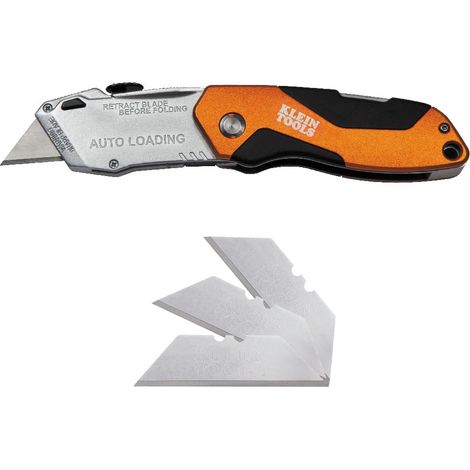 Couteau utilitaire pliant auto chargement Corps aluminium Poignée caoutchoutée Rangement 3 lames Lames incluses (1/5)