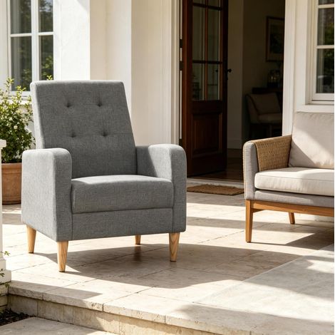 Fauteuil 1 place style nordique avec accoudoirs, dossier capitonné, lin gris foncé HAVRYA (1/5)
