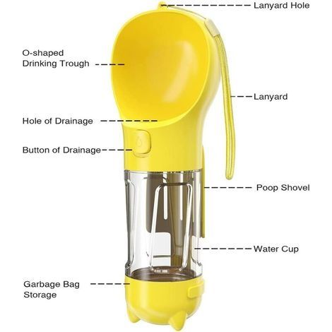 300-ml-Hundetrinkflasche, 3-in-1-tragbare Hundetrinkflasche mit Kotschaufel und Müllbeutel, Trinkflasche für Haustiere für Reisen und Spaziergänge (Gelb) (1/4)