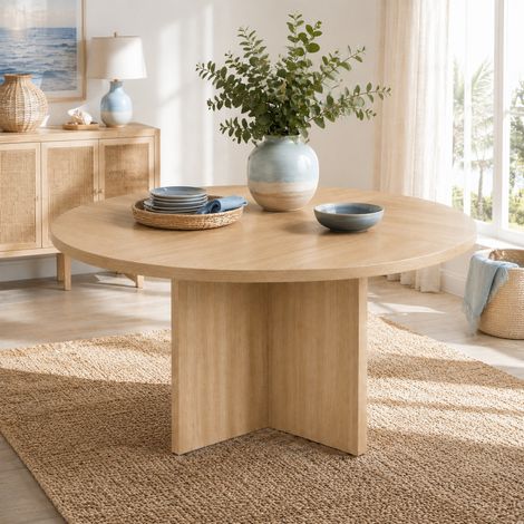 Mesa de comedor redonda 120 cm para 4-6 personas, MDF, color roble OKMYHOME (1/5)