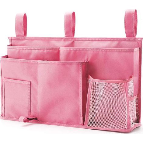 1 Bunk Bed Storage Bag(Pink), Hanging Bed Organizer Bag, 8 Pockets, for Student Dorm Bed, Hospital Bed, Baby Bed Rails, 600D Oxford Cloth