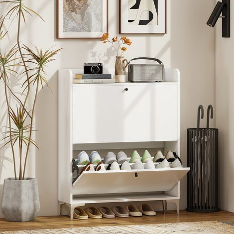 Meuble Range-Chaussures Slim avec 2 Tiroirs Repliables et Étagères Réglables, en Bois et Métal, 80x24x101 cm, Blanc (1/5)