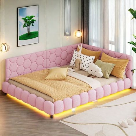 Cama de adulto 140x200cm con somier de lamas y cabecero acolchado, cama doble acolchada en rosa con luces LED y USB, cama plana de tela. (1/5)