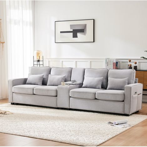 4-Sitzer Sofa 290x83x88 cm grau aus Leinen mit Konsole, USB-Anschlüssen und Getränkehaltern (1/5)