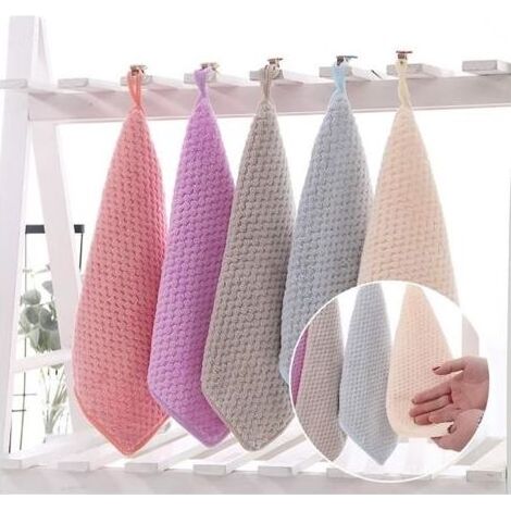 (multicolor)5 Pièces Essuie Main Cuisine, Serviette Suspendue en Polaire Corail, Boucle De Ceinture Super Absorbante à Séchage Rapide (1/4)
