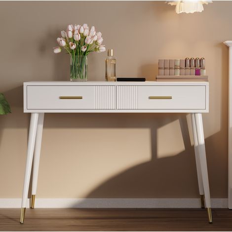 Tocador-escritorio 100x40x76 cm blanco en MDF con 2 cajones y patas metálicas doradas (1/5)