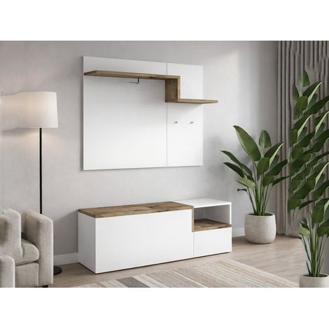 Dmora Eingangsmöbel, Made in Italy, Entratina mit Kleiderbügel, Schuhschrank, 120x40h54 cm, glänzend weiß und Ahornfarbe (1/4)