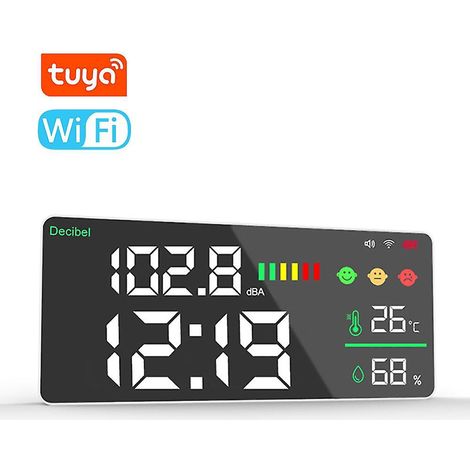 Tuya WiFi Dezibelmesser 4-in-1 mit Temperatur-, Feuchtigkeits- und Dezibelmessung, Wecker und 11-Zoll-LED-Farbdisplay