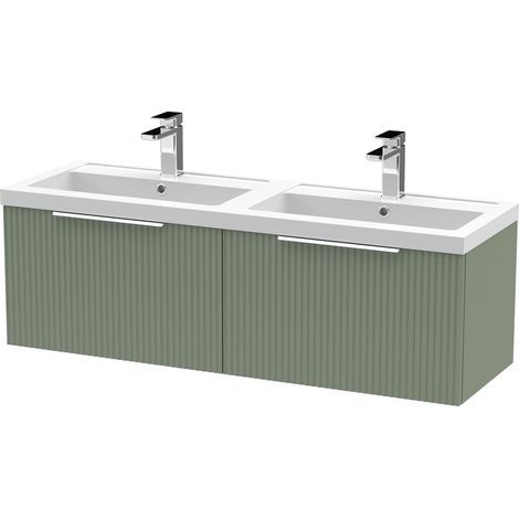 Contemporary Fluted 1200mm Wall Hung 2-Drawer Bathroom Vanity Unit with Double Polymarble Basin, Satin Green