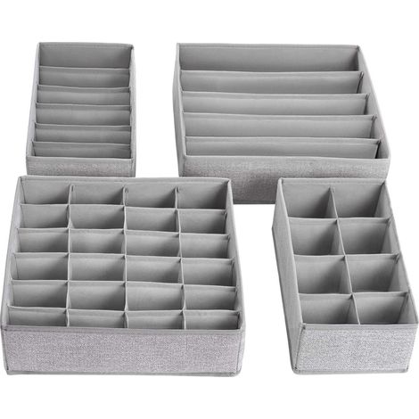 SONGMICS Divisore per Cassetti, Portabiancheria Pieghevole, Organizzatore per Guardaroba, per Slip Calzini Reggiseni Cravatte, Set di 4, Grigio Chiaro, RYUS04W (1/5)