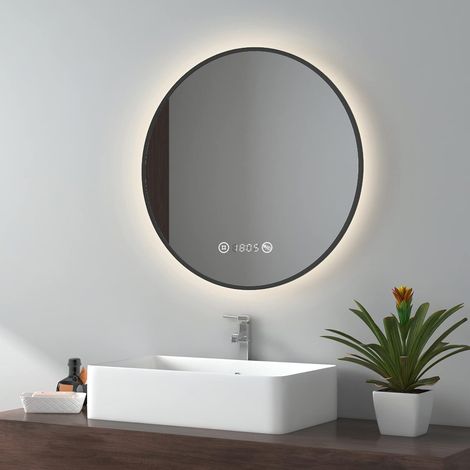 EMKE Specchio da bagno LED con interruttore touch, antiappannamento, orologio, temperatura, dimmerabile, funzione memory, luce neutra, diametro 60 cm cornice nera (1/3)