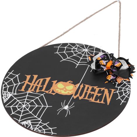 Panneau de bienvenue décoratif en bois avec motif toile d'araignée d'Halloween, à suspendre pour l'intérieur ou l'extérieur, avec nœud. (1/5)