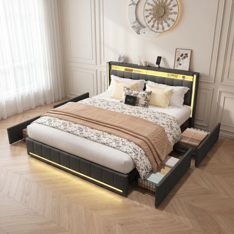 Polsterbett Doppelbett 140x200 cm, mit LED-Beleuchtung und USB-Ladestation, Modernes Jugendbett mit Stauraum, Bettgestell mit Kopfteil und Lattenrost, Leinen Grau, Ohne Matratze