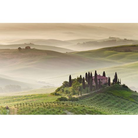 Papier peint panoramique paysage italien | Tapisserie panoramique toscane pour chambre | Papier peint panoramique nature vert - 267 x 400 cm (4 pièces) (1/2)