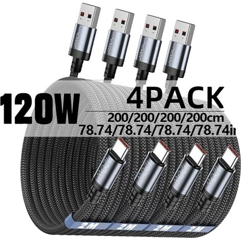 Cable de carga, carga rápida de 120 W, sincronización de datos de 480 Mbps, paquete de 4 unidades, 2 metros. (1/2)