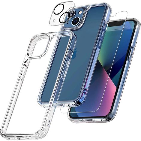 Étui iPhone 13 5-en-1, 1 coque + 2 verres trempés + 2 protections caméra arrière, anti-choc militaire anti-jaunissement, couverture 360°, transparent (1/5)