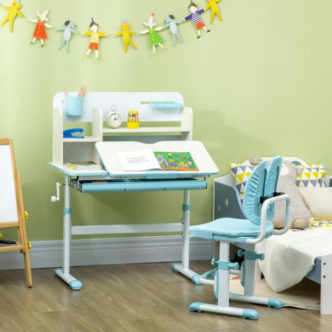 Escritorio infantil con silla para niños de 3 a 12 años, altura regulable, tablero reclinable y cojines acolchados, acero y MDF, azul.