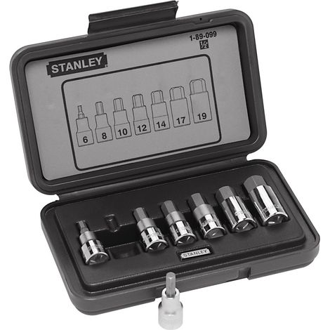 Stanley – Coffret à douilles 6 pans 1/2" – Jeu de 7 douilles tournevis 6-8-10-12-14-17-19 mm – Profil Maxidrive – Conforme ISO 2725 – 189099